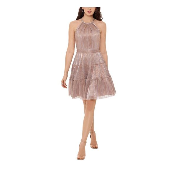XSCAPE Womens Beige Tiered Sleeveless Halter Short Party Fit + Flare Dress 10 - Picture 1 of 4